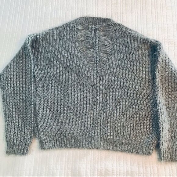 Noisy May Gray Fuzzy Crew Neck with Silver Sparkle Thread and Feathered Back - Picture 2 of 9
